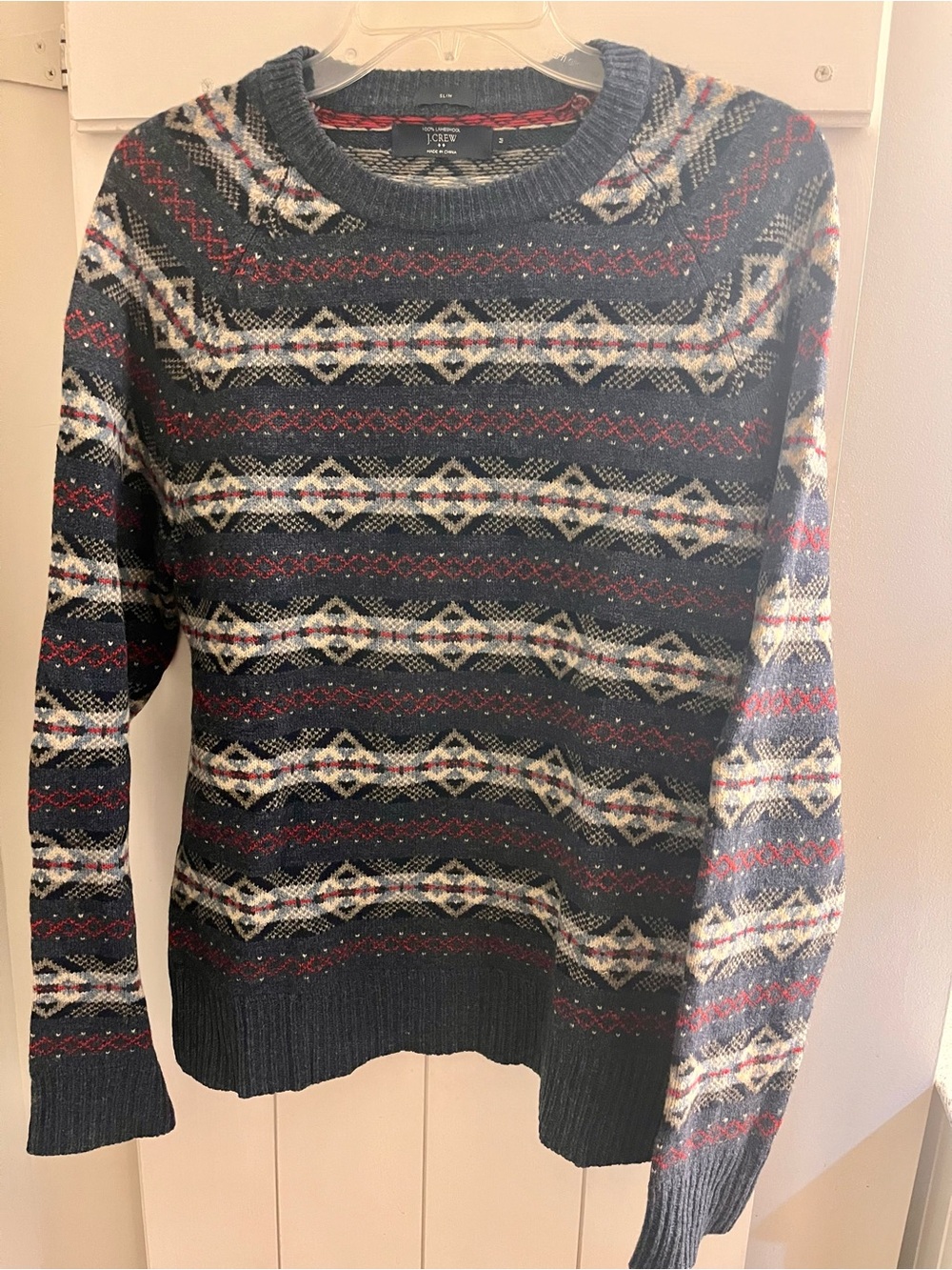 J. Crew Men’s 100% Lamb Wool Navy Fair Isle Crewneck Sweater